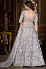 Grey Net Embroidered V Neck Choli Lehenga Choli