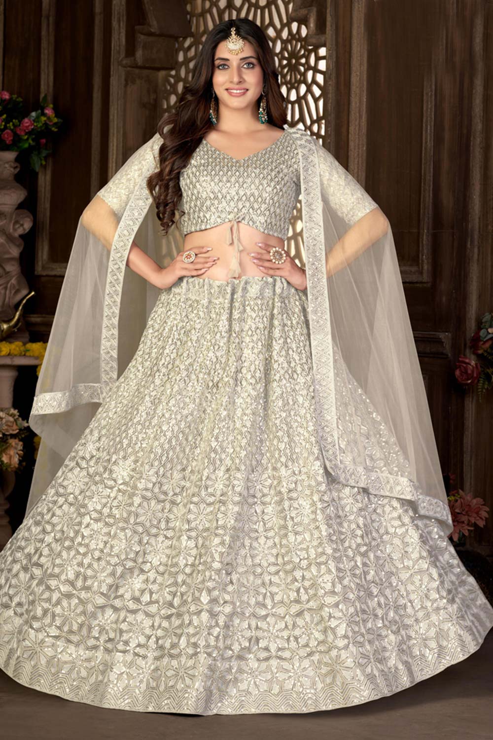 Silver Net Embroidered V Neck Choli Lehenga Choli