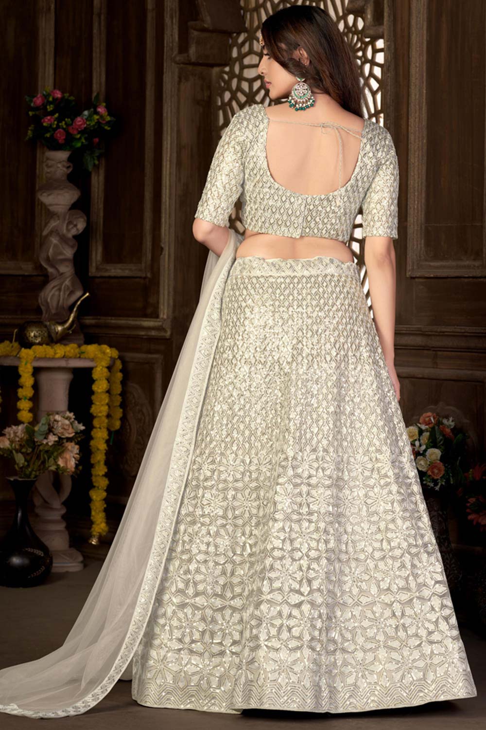 Silver Net Embroidered V Neck Choli Lehenga Choli