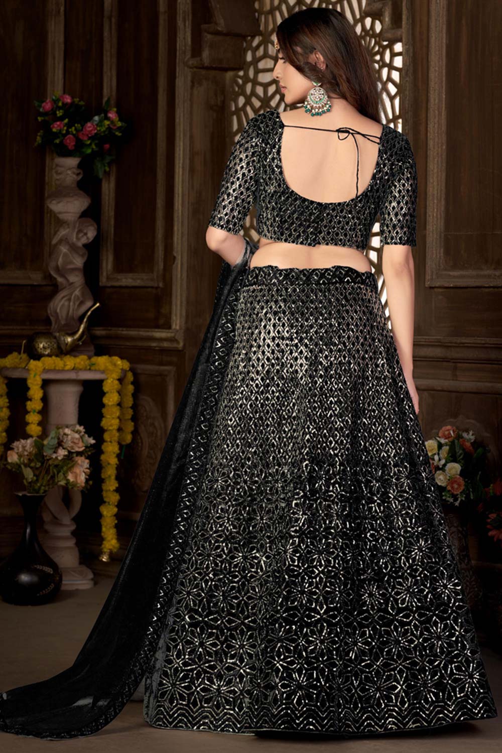 Black Net Embroidered V Neck Choli Lehenga Choli