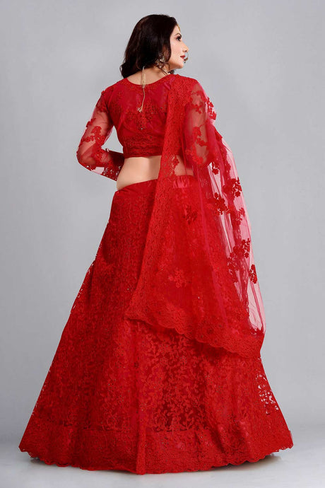 Red Net Embroidered Lehenga Choli