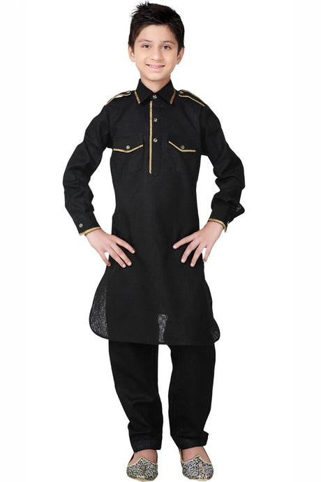 Buy Boy's Blended Cotton Solid Pathani Set in Black Online -Front