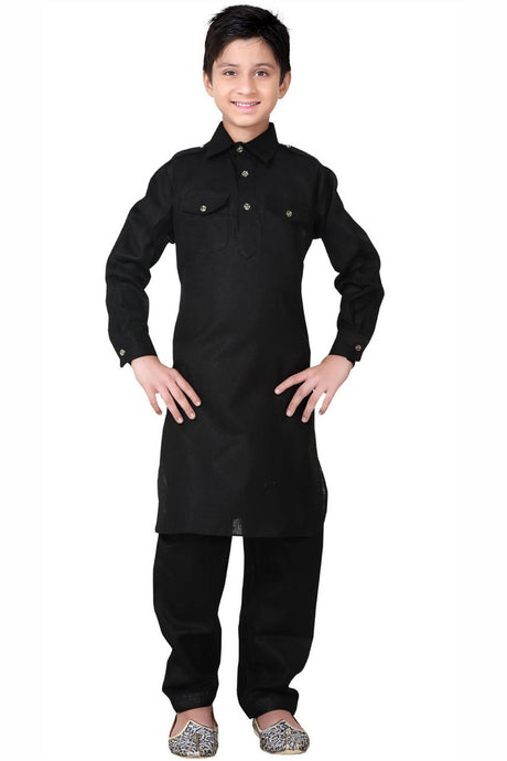 Buy Boy's Blended Cotton Solid Pathani Set in Black Online - Front
