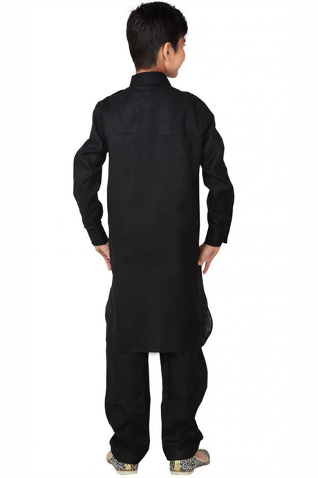 Buy Boy's Blended Cotton Solid Pathani Set in Black - Back