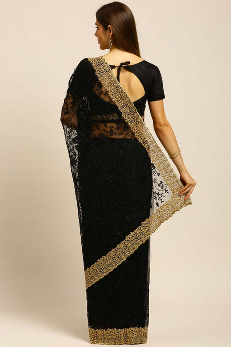 Net Embroidered Saree in Black