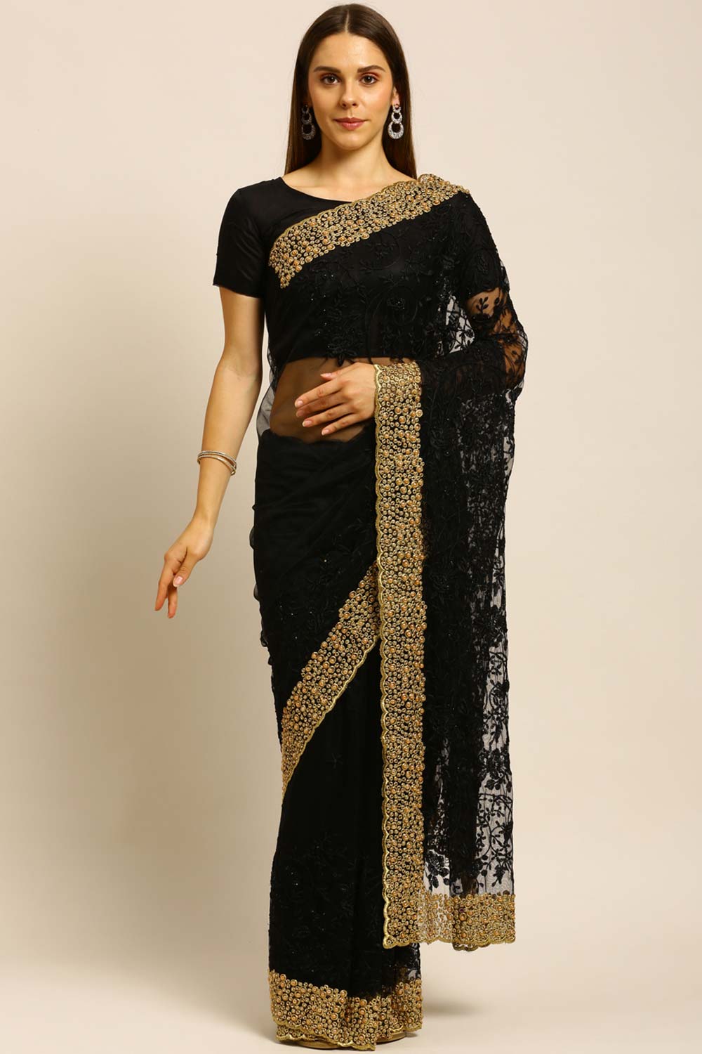 Net Embroidered Saree In Black