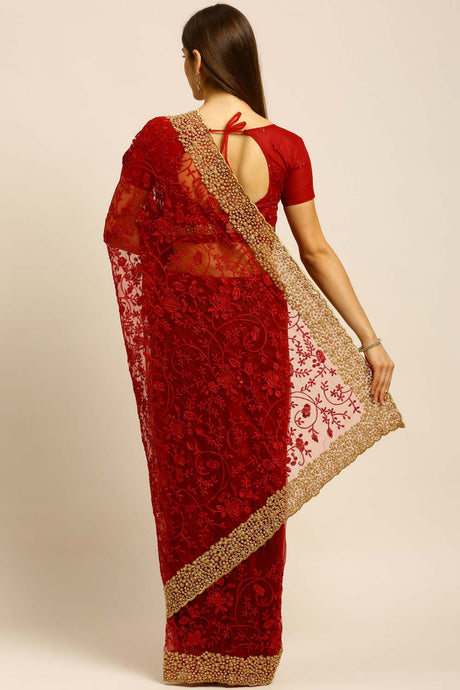 Net Embroidered Saree in Maroon