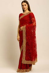 Net Embroidered Saree In Maroon