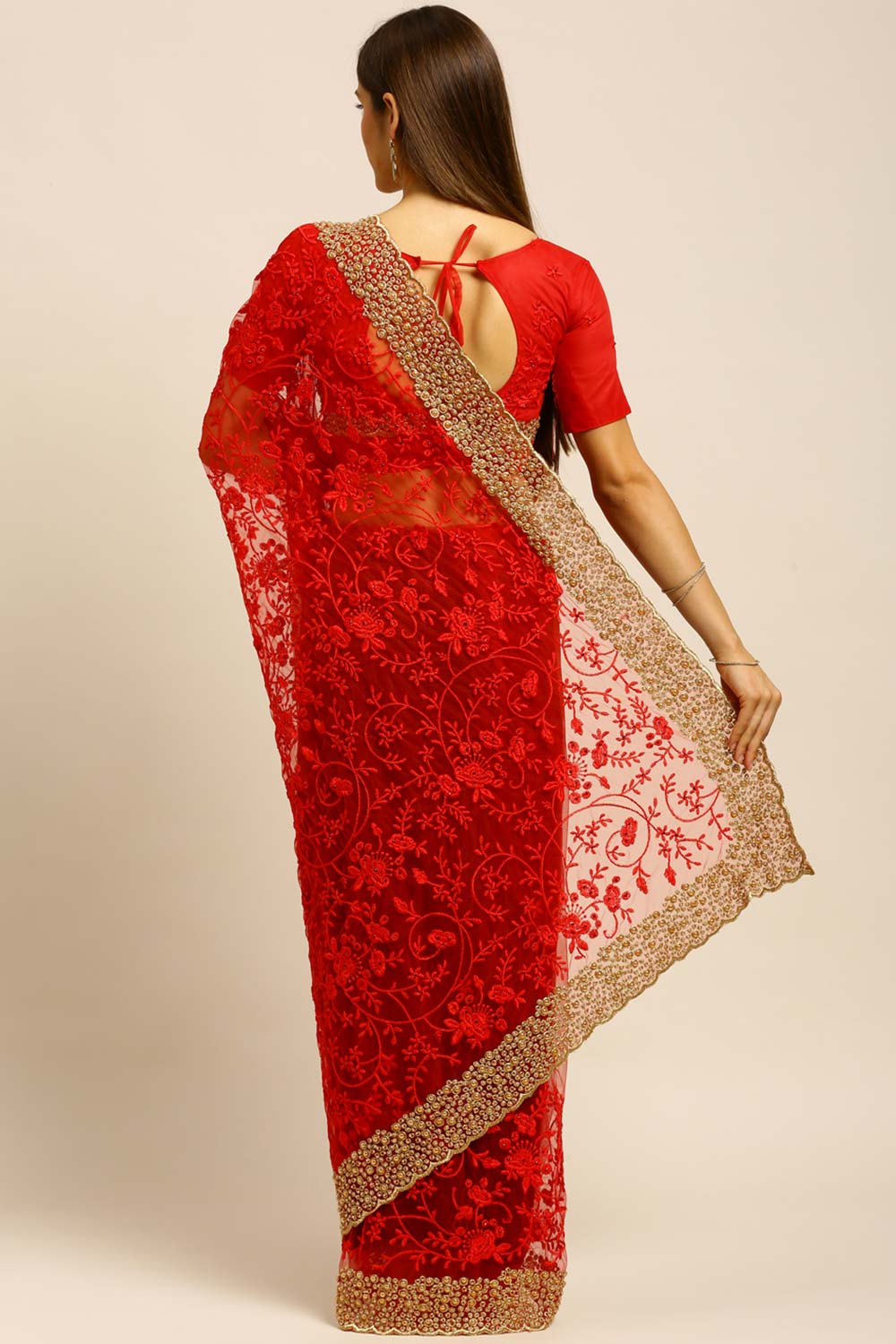 Net Embroidered Saree In Red