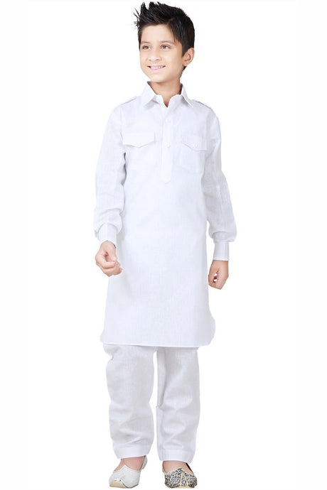 Buy Boy's Blended Cotton Solid Pathani Set In White Online - Front