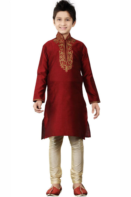 Buy Boy's Art Silk Embroidered Kurta Churidar in Maroon Online - Front