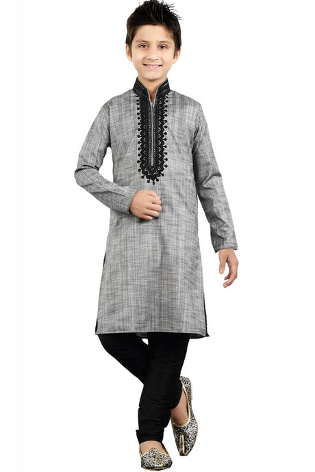 Buy Boy's Blended Cotton Embroidered Kurta Churidar In Grey Online - Front