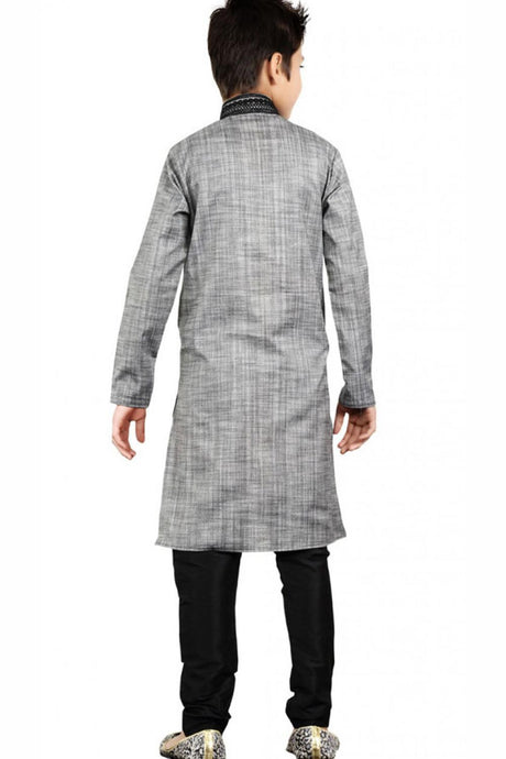 Buy Boy's Blended Cotton Embroidered Kurta Churidar In Grey Online - Back