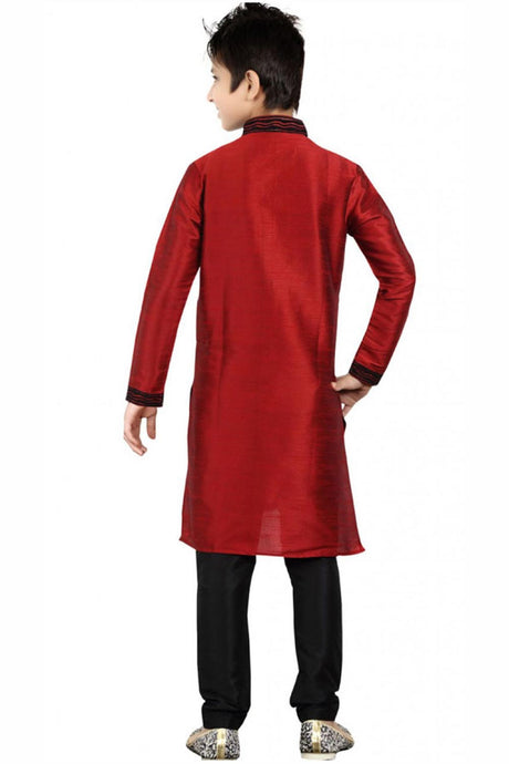 Buy Boy's Art Silk Embroidered Kurta Churidar In Red Online - Back