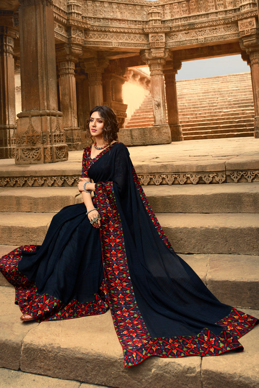 Faux Georgette Printed Saree In Dark Blue