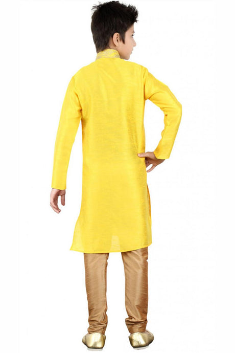Buy Boy's Art Silk Embroidered Kurta Churidar in Yellow Online - Back