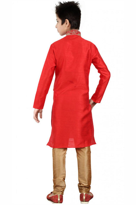 Buy Boy's Art Silk Embroidered Kurta Churidar in Red Online - Back