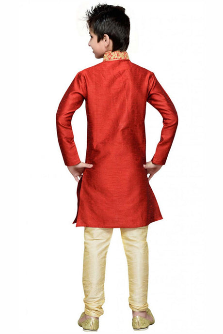 Buy Boy's Art Silk Embroidered Kurta Churidar In Red Online - Back