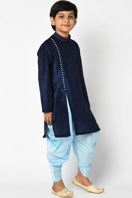 Buy Boy's Art Silk Solid Kurta Peshawari in Navy Blue Online - Front