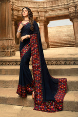 Faux Georgette Printed Saree In Dark Blue