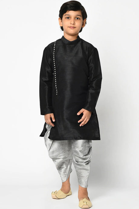 Buy Boy's Art Silk Solid Kurta Peshwari In Black Online - Front