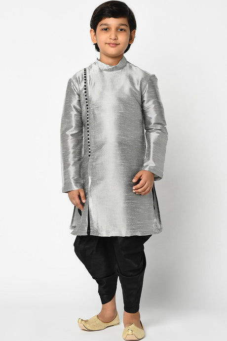 Buy Boy's Art Silk Solid Kurta Peshwari In Grey Online - Front