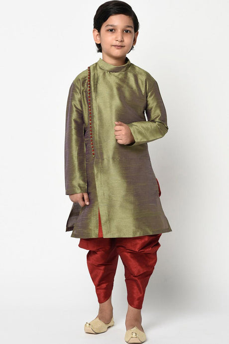 Buy Boy's Art Silk Solid Kurta Peshawari in Mehndi Green Online -Front