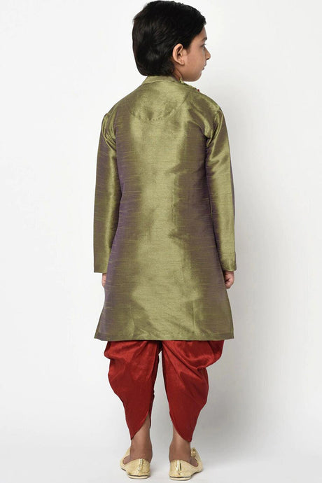 Buy Boy's Art Silk Solid Kurta Peshawari in Mehndi Green Online -Back