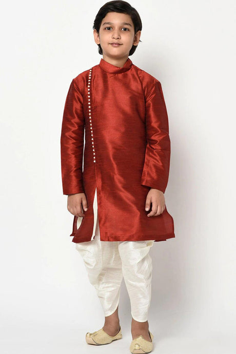 Buy Boy's Art Silk Solid Kurta Peshwari In Red Online - Front
