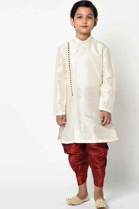 Buy Boy's Art Silk Solid Kurta Peshwari In Beige Online - Front