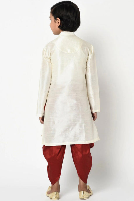 Buy Boy's Art Silk Solid Kurta Peshwari In Beige Online - Back