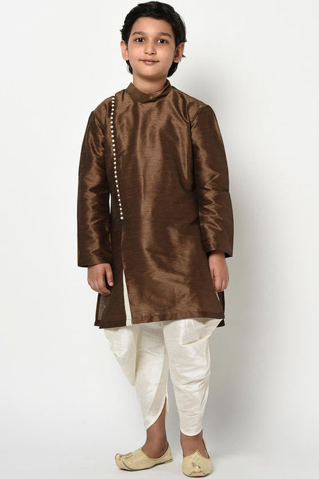 Buy Boy's Art Silk Solid Kurta Peshwari In Brown Online - Front