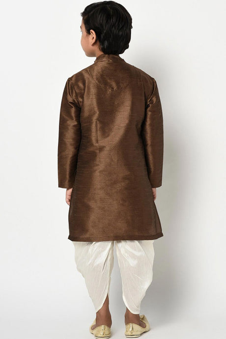 Buy Boy's Art Silk Solid Kurta Peshwari In Brown Online - Back