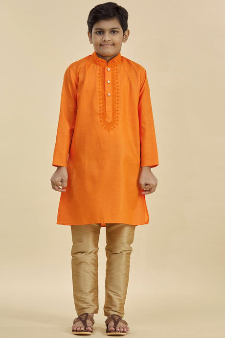 Buy Boy's Blended Cotton Embroidered Kurta Churidar in Orange Online - Front