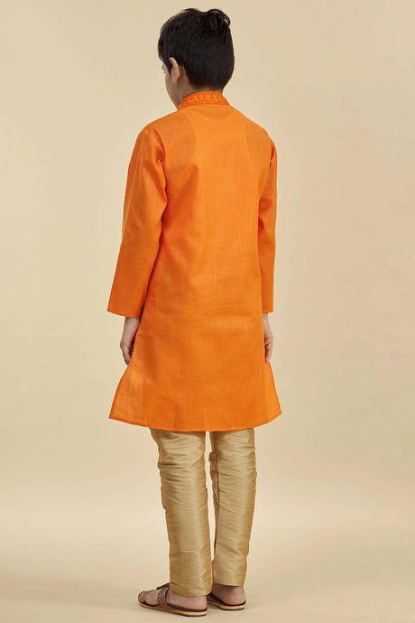 Buy Boy's Blended Cotton Embroidered Kurta Churidar in Orange Online - Back