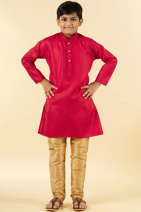 Buy Boy's Blended Cotton Embroidered Kurta Churidar in Red Online