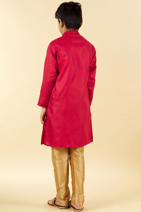 Buy Boy's Blended Cotton Embroidered Kurta Churidar in Red Online - Back