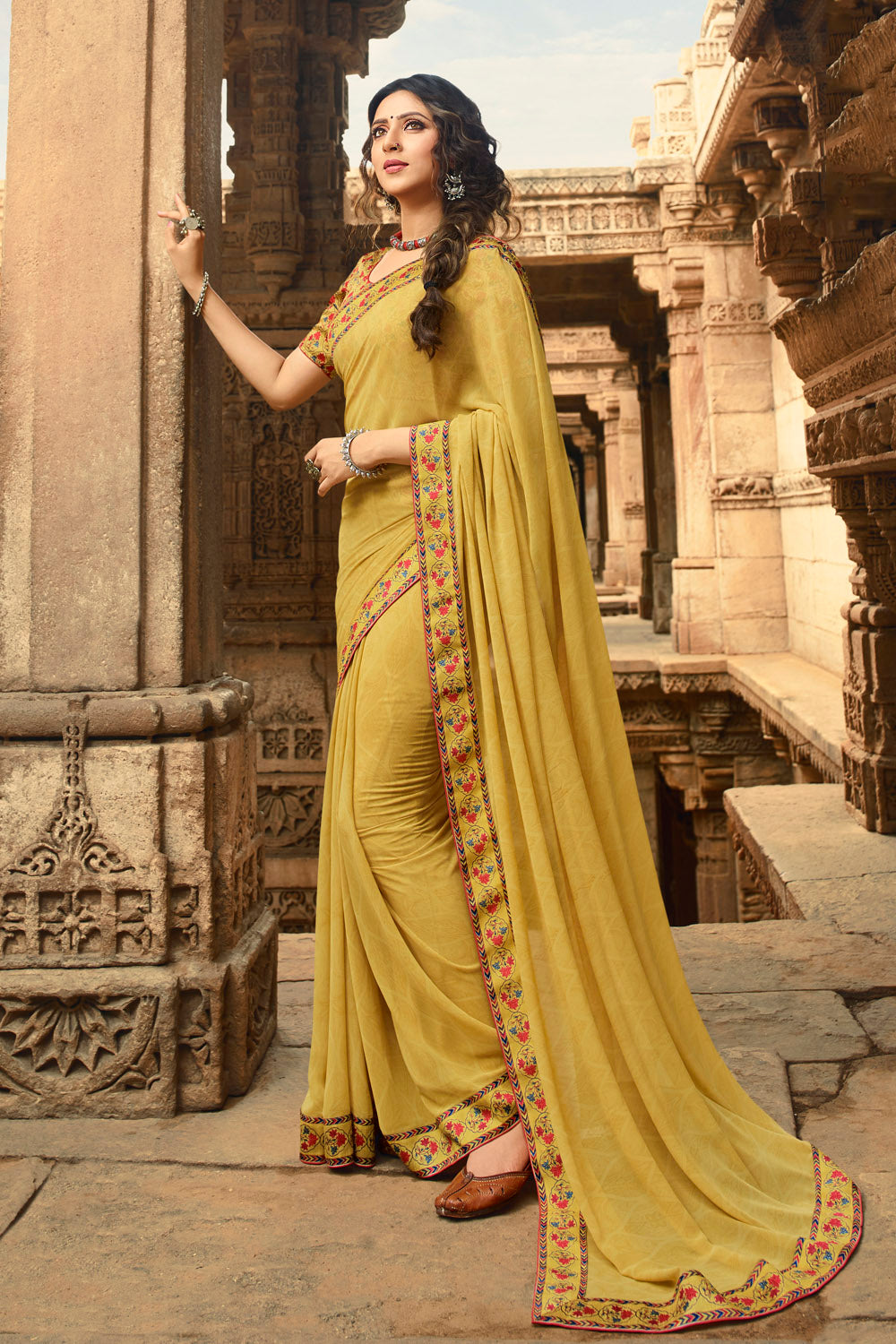 Faux Georgette Printed Saree In Light Mustard