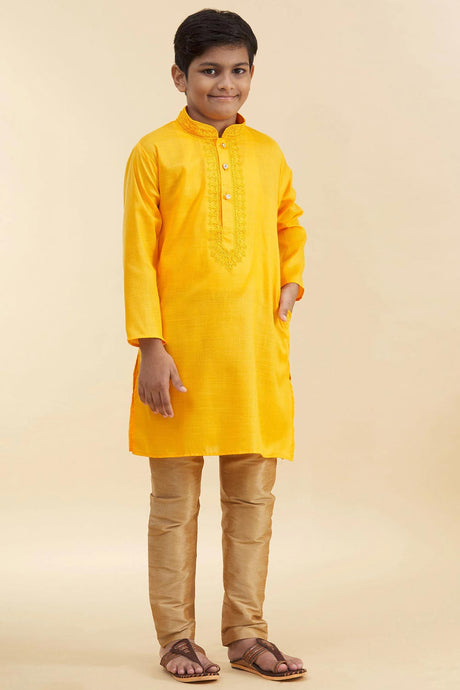 Buy Boy's Blended Cotton Embroidered Kurta Churidar In Yellow Online - Front