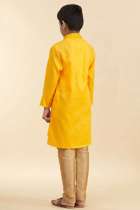 Buy Boy's Blended Cotton Embroidered Kurta Churidar In Yellow Online - Back