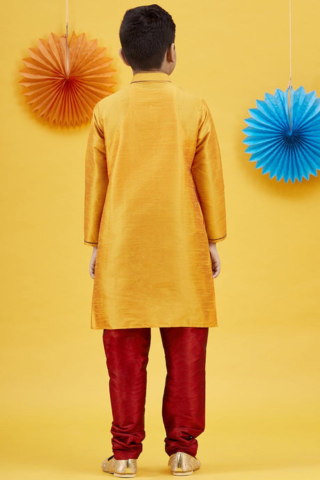 Buy Boy's Art Silk Embroidered Kurta Churidar In Yellow Online - Back