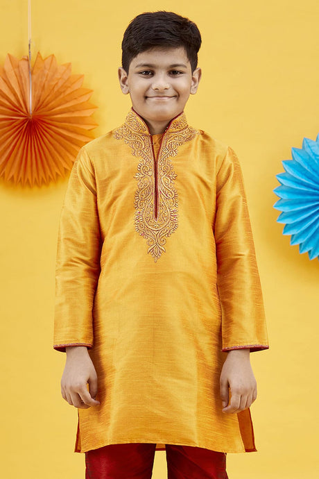 Buy Boy's Art Silk Embroidered Kurta Churidar In Yellow Online - Front