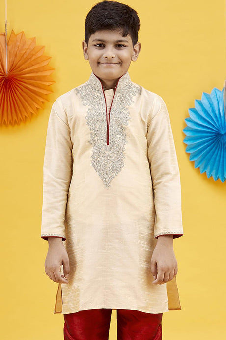 Buy Boy's Art Silk Embroidered Kurta Churidar In Beige Online - Front