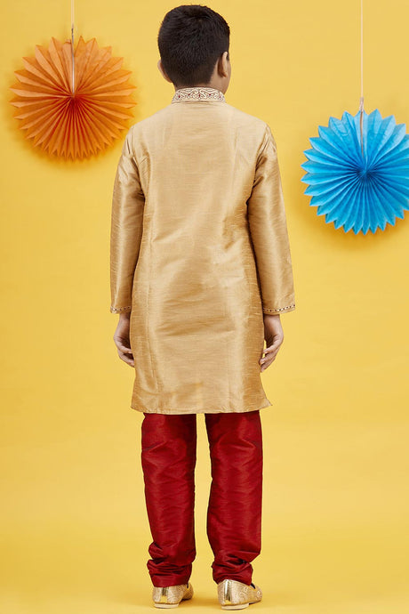 Buy Boy's Art Silk Embroidered Kurta Churidar In Gold Online - Back