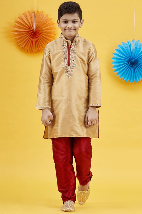 Buy Boy's Art Silk Embroidered Kurta Churidar In Gold Online - Front