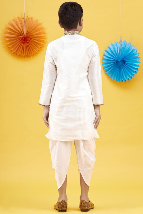 Buy Boy's Art Silk Embroidered Kurta Peshwari In White Online - Back