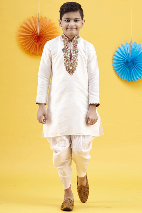 Buy Boy's Art Silk Embroidered Kurta Peshwari In White Online - Zoom In