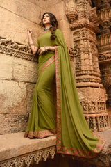 Faux Georgette Printed Saree In Green