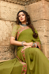 Faux Georgette Printed Saree In Green