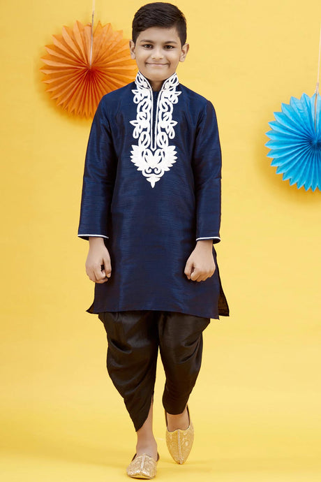 Buy Boy's Art Silk Embroidered Kurta Peshwari In Blue Online - Side